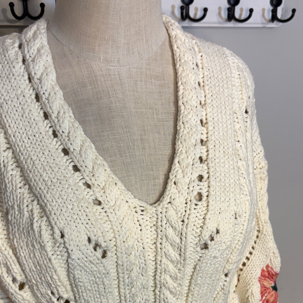 Pilcro Cream V-Neck Sweater with Pink Floral Embroidery - Picture 5 of 7